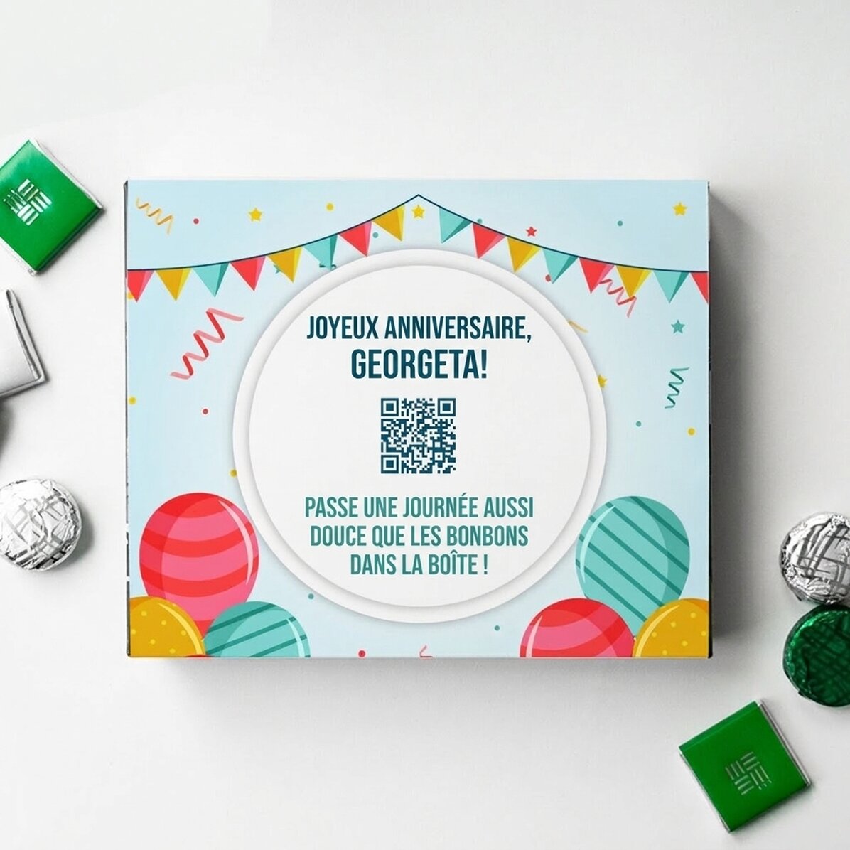 Boîte de bonbons personnalisée avec un message et un code QR - Joyeux anniversaire !