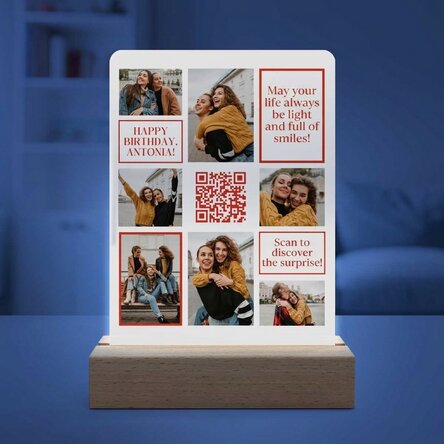 Lampe de veille LED personnalisée avec 7 photos, un message et un code QR - Joyeux anniversaire !