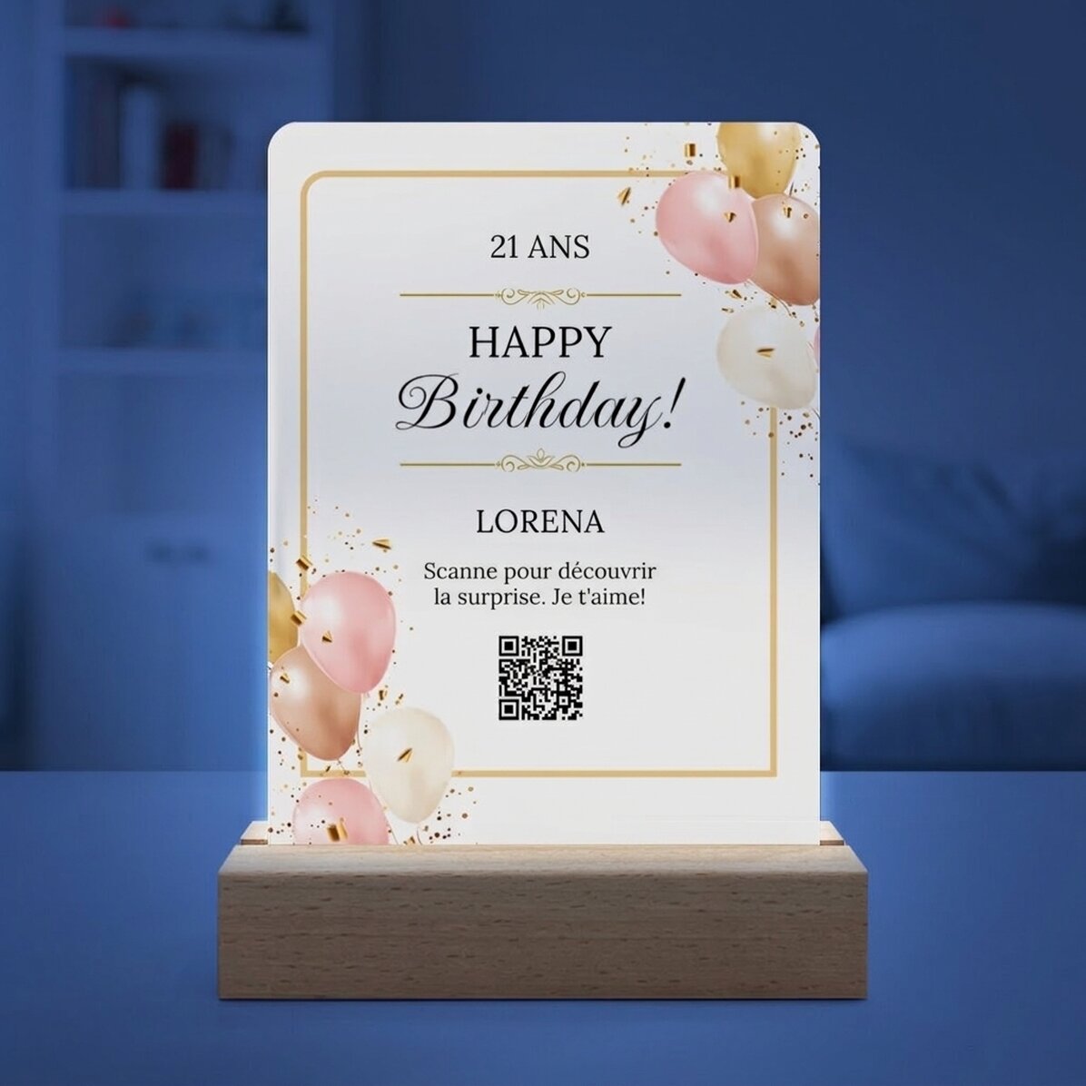 Lampe de veille LED personnalisée avec message et code QR - Anniversaire