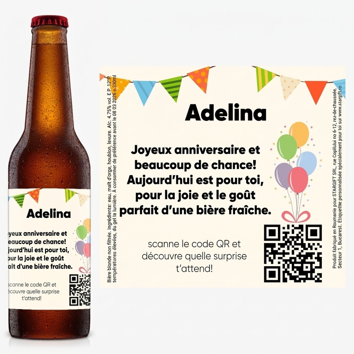 Bière personnalisée avec texte et code QR - Anniversaire
