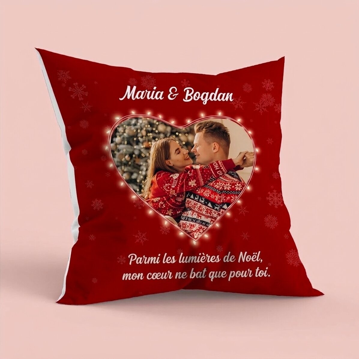 Coussin personnalisé avec une photo et un message - Lumières de Noël