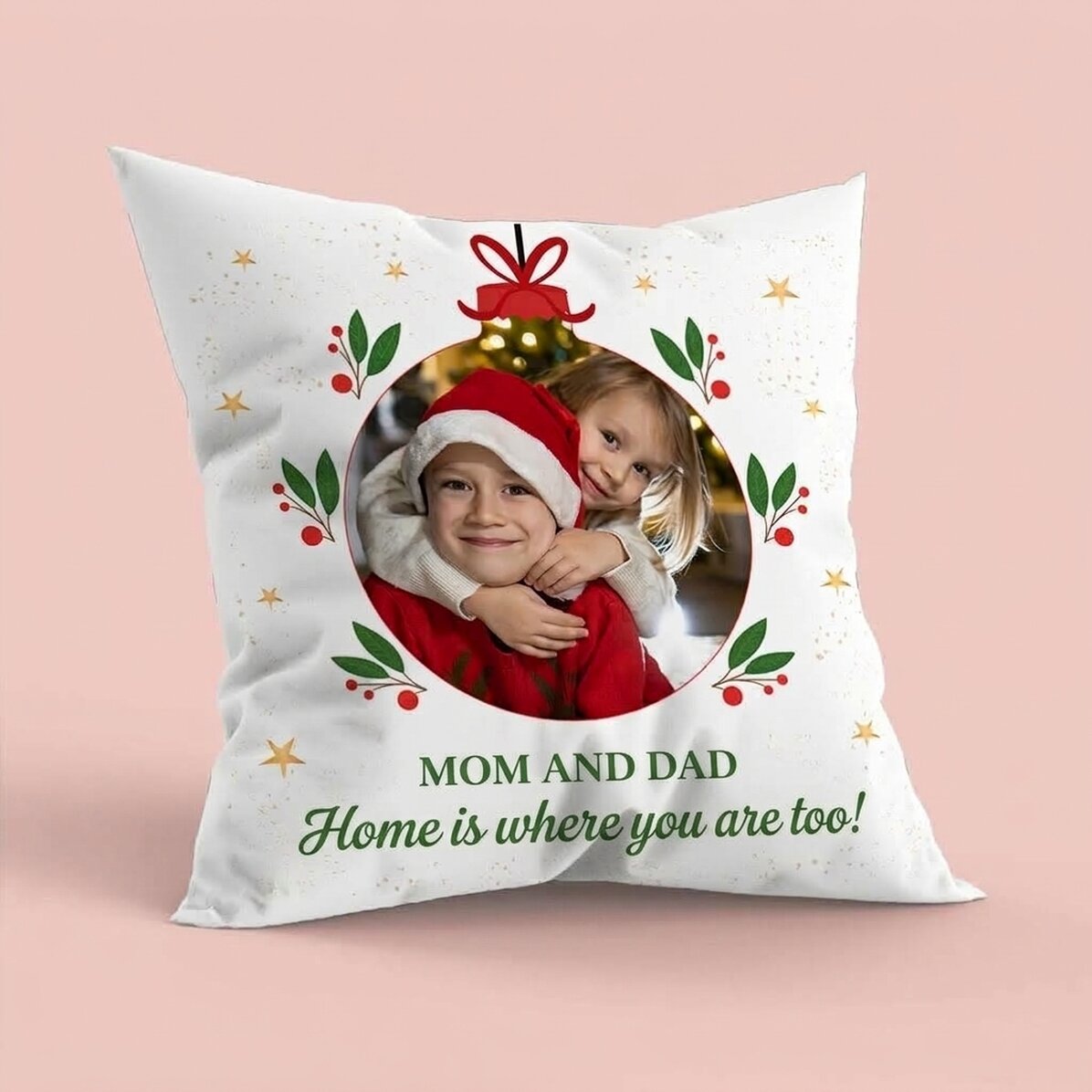 Coussin personnalisé avec une photo et un texte - À la maison pour Noël