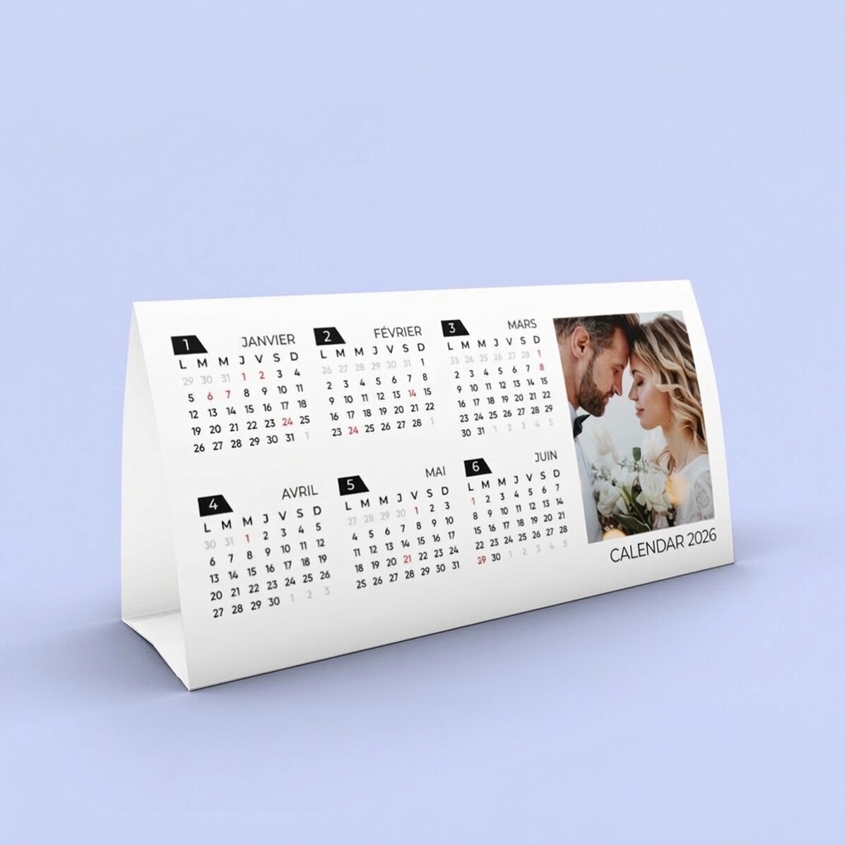 Calendrier de bureau 2026 personnalisé avec 2 photos