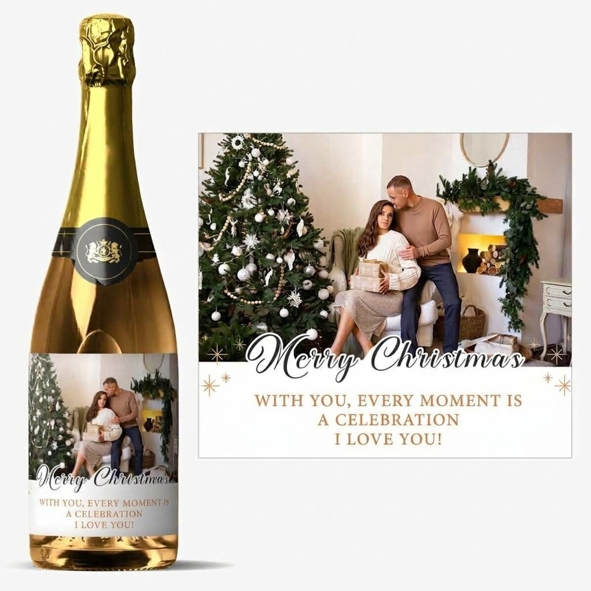 Vin mousseux personnalisé avec un texte et une photo - Joyeux Noël