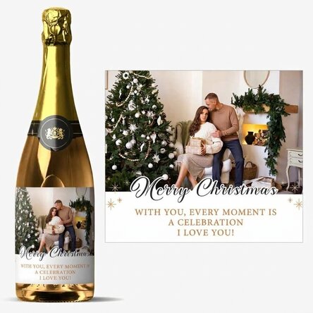 Vin mousseux personnalisé avec un texte et une photo - Joyeux Noël