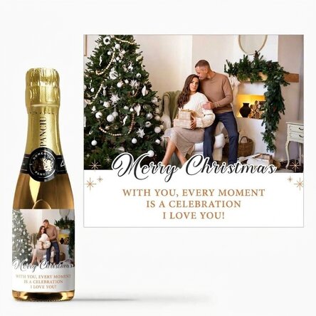 Mini-bouteille de vin mousseux personnalisée avec un texte et une photo - Joyeux Noël