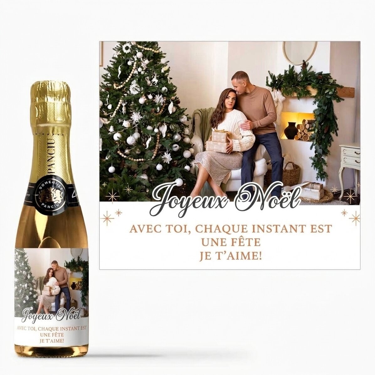Mini-bouteille de vin mousseux personnalisée avec un texte et une photo - Joyeux Noël