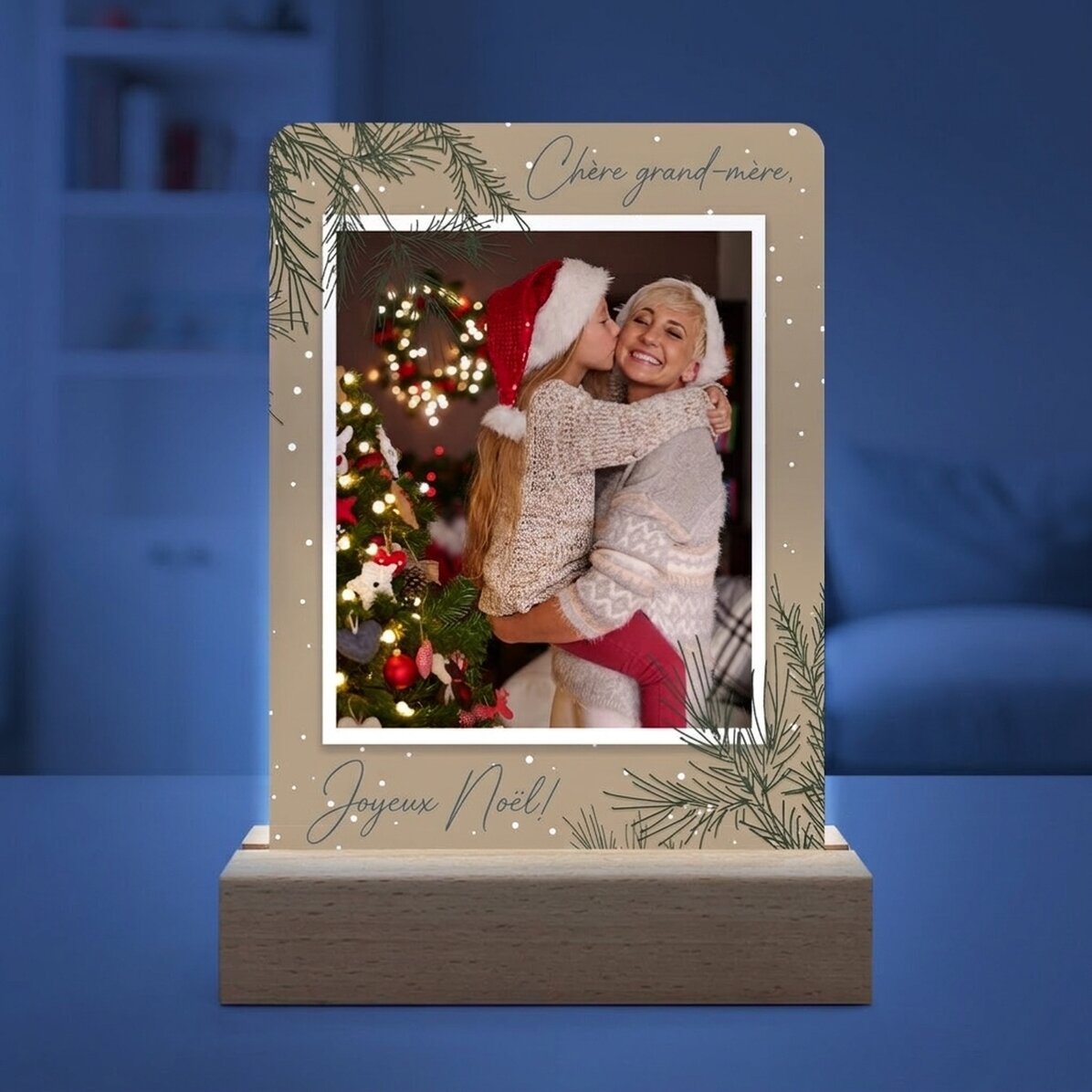 Lampe de veille LED personnalisée avec une photo et un texte - Brindilles de sapin