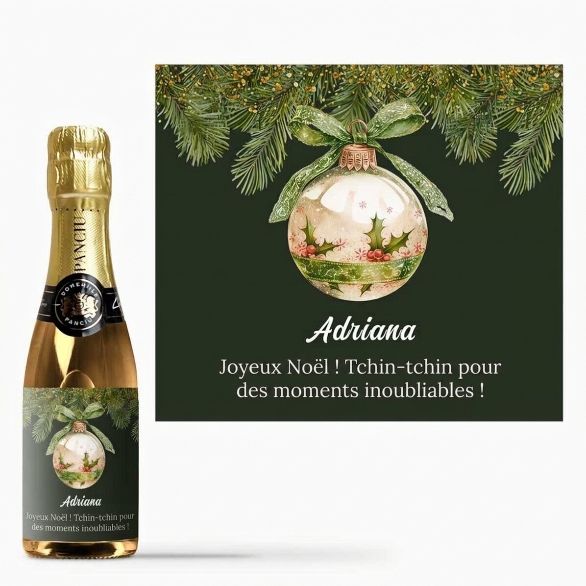 Mini-bouteille de vin mousseux personnalisée avec un message - Boule de Noël