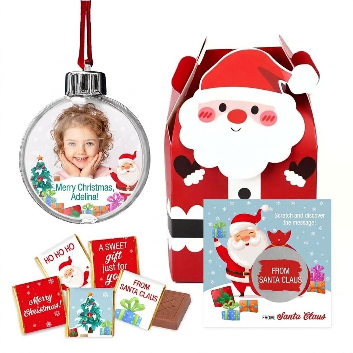 Coffret cadeau avec boule de Noël personnalisée – offert par le Père Noël