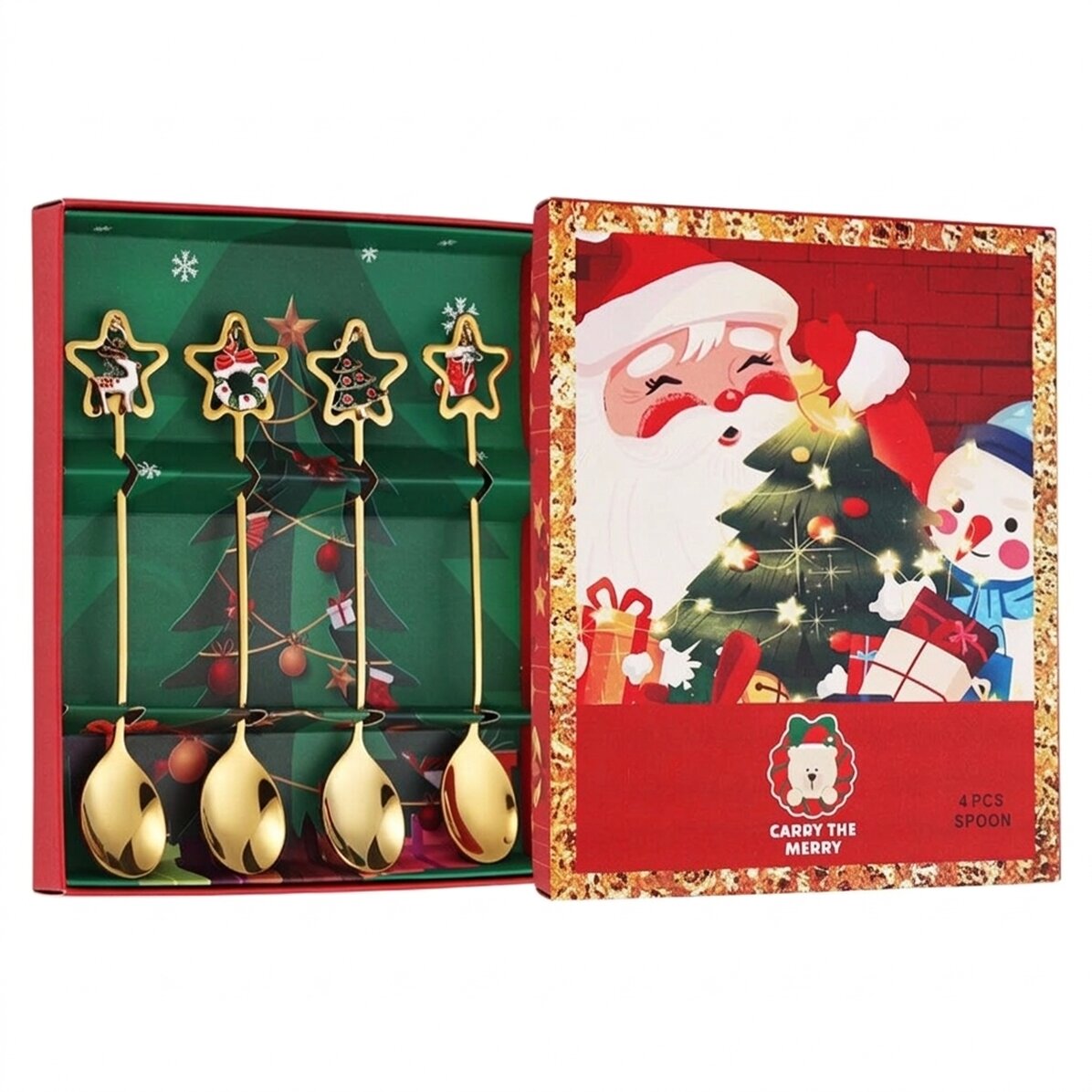Coffret cadeau de 4 cuillères à café dorées de Noël