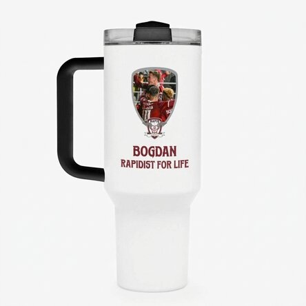 Tasse isotherme FC Rapid avec poignée et paille, personnalisée avec une photo et un texte