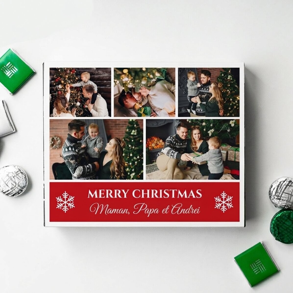 Boîte de bonbons personnalisée avec 5 photos et un texte - Joyeux Noël !