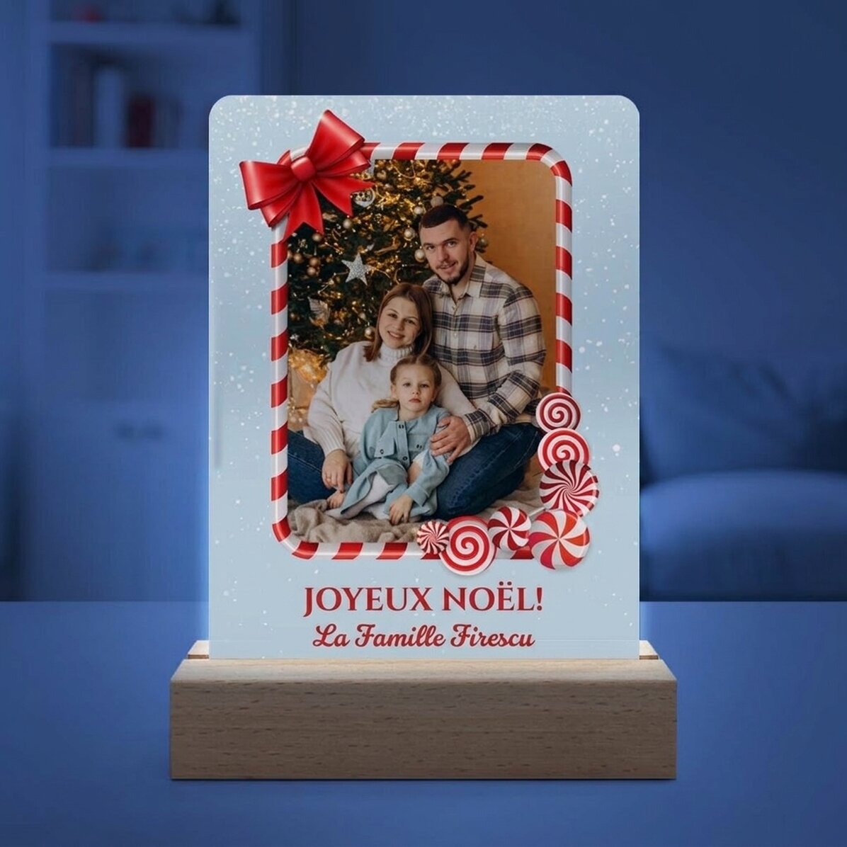 Lampe de veille LED personnalisée avec une photo et un message - Joyeux Noël !