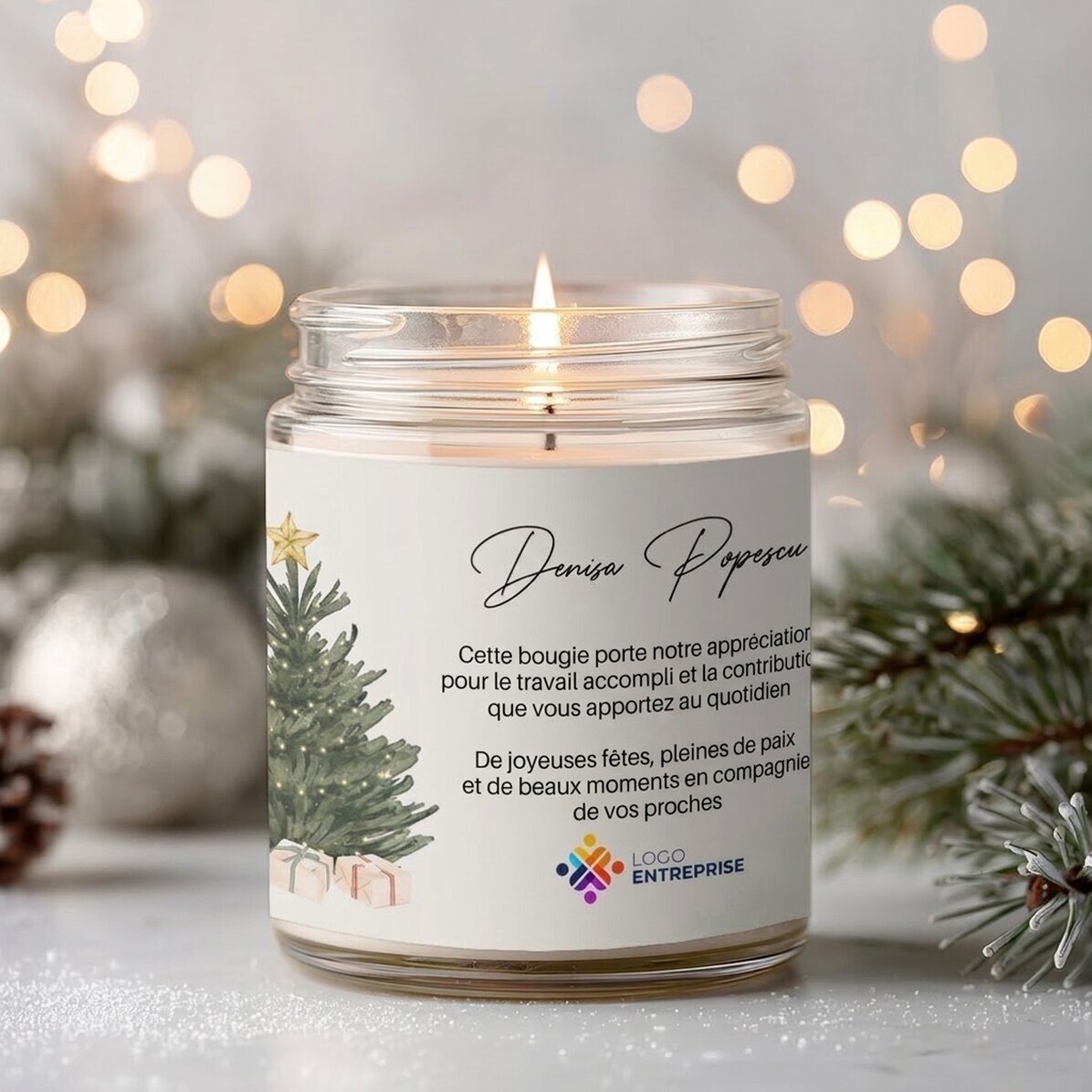 Grande bougie parfumée personnalisée avec logo et message - Noël