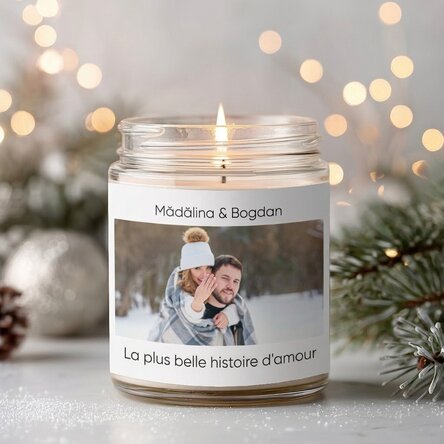 Grande bougie parfumée personnalisée avec une photo et un texte