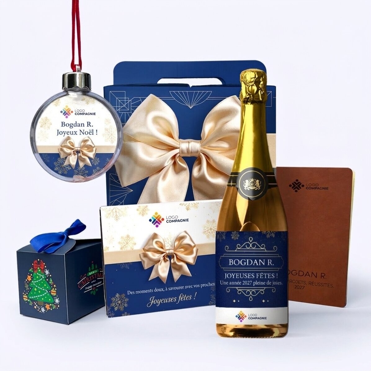 Coffret cadeau - Premium contenant des produits de Noël personnalisés avec votre logo et votre messa