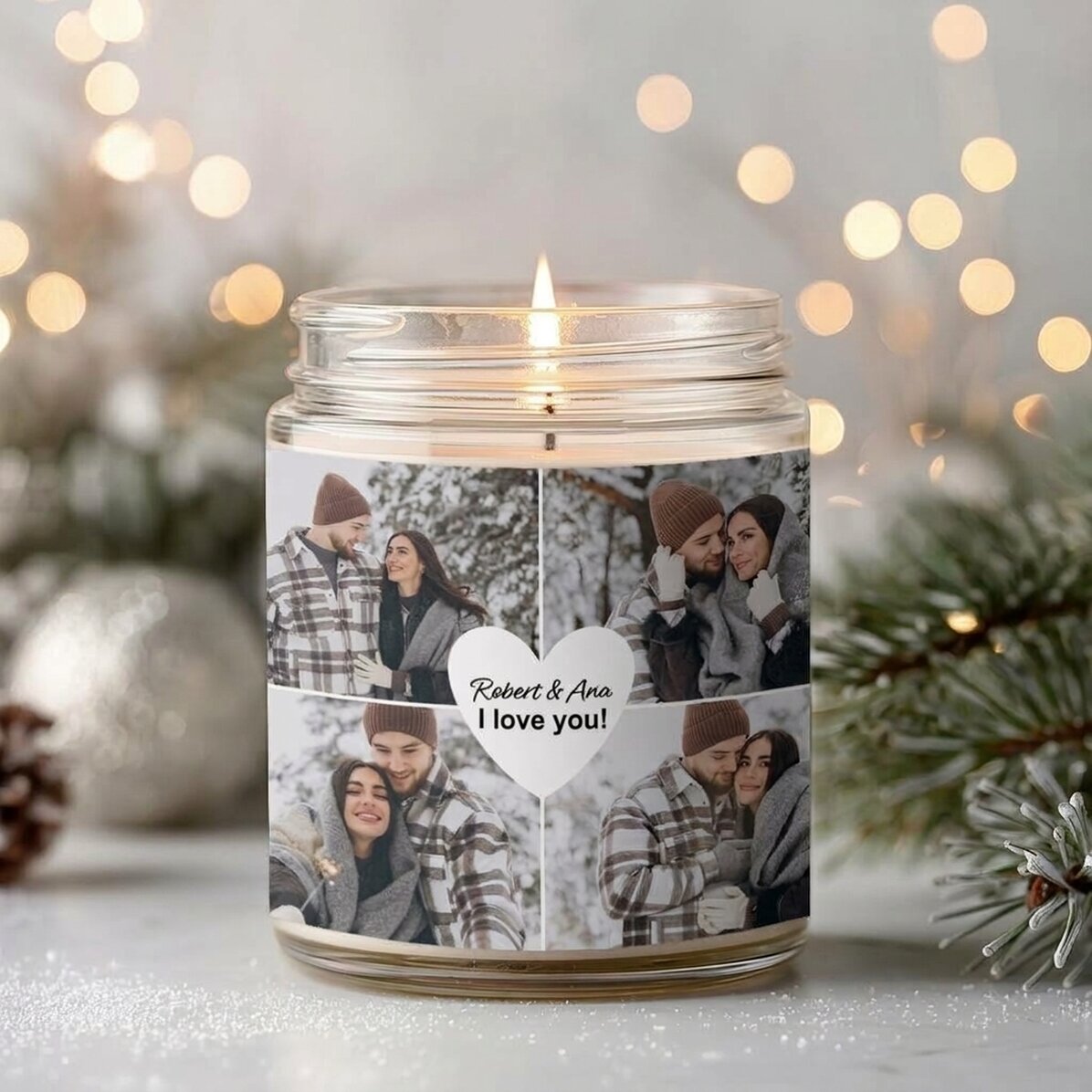Grande bougie parfumée personnalisée avec 4 photos et un texte - Love
