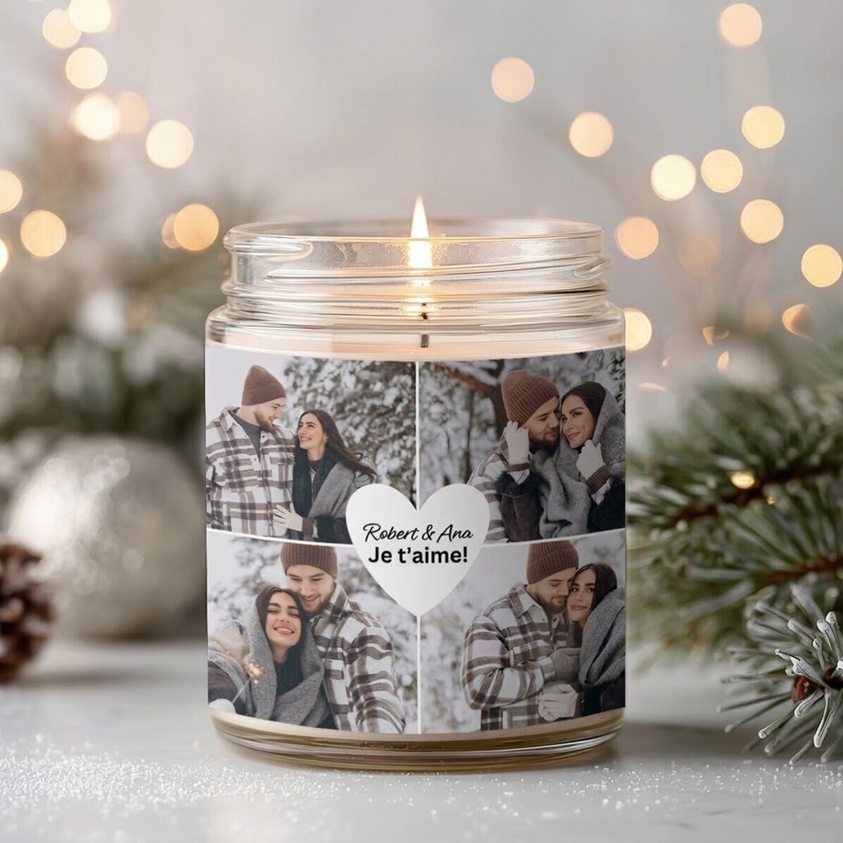 Grande bougie parfumée personnalisée avec 4 photos et un texte - Love