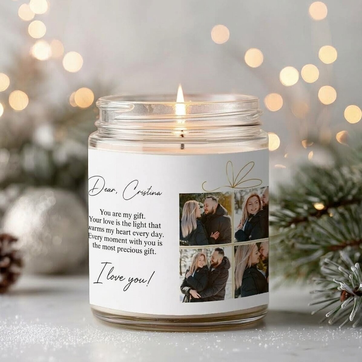 Grande bougie parfumée personnalisée avec 4 photos et un texte - Cadeau de Noël