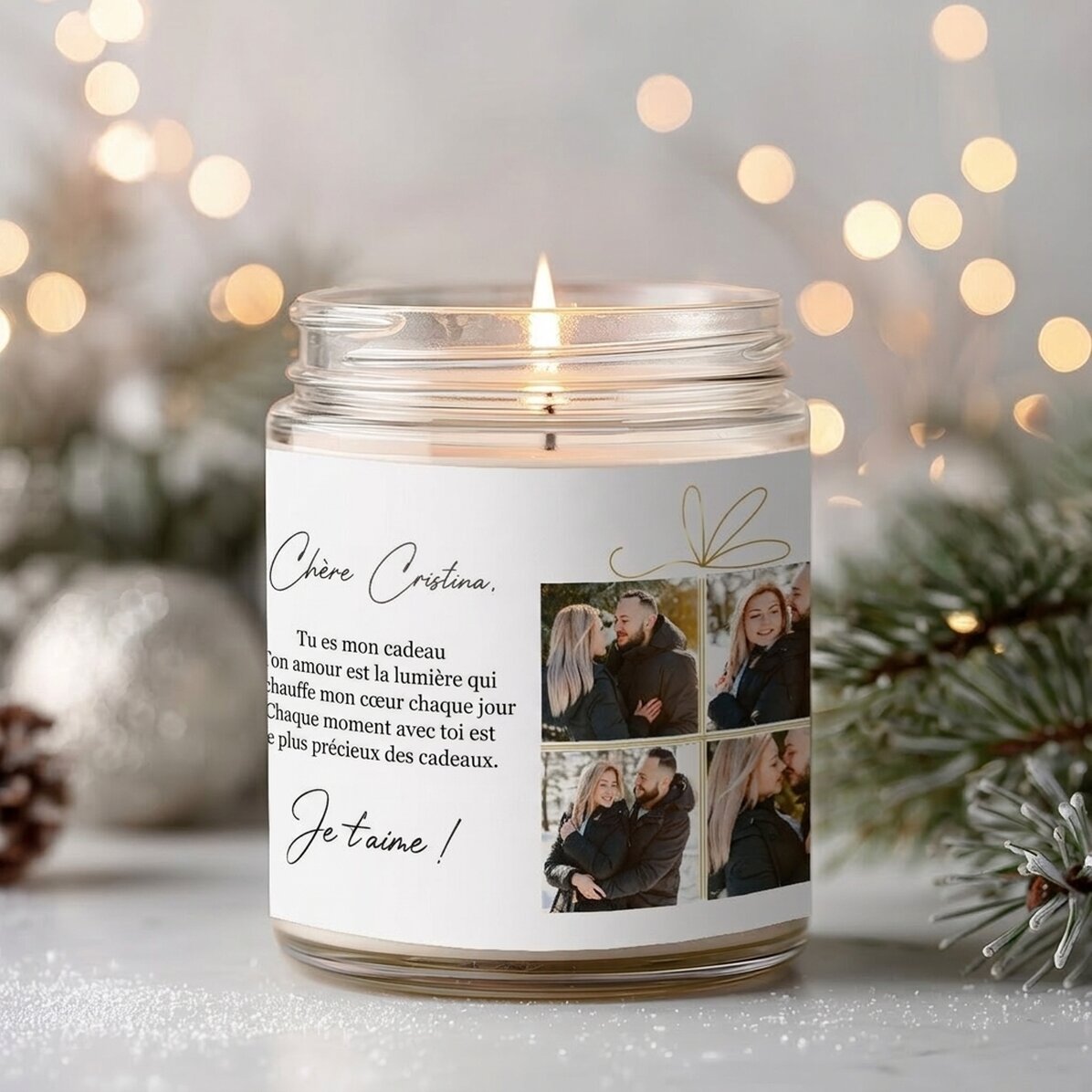 Grande bougie parfumée personnalisée avec 4 photos et un texte - Cadeau de Noël