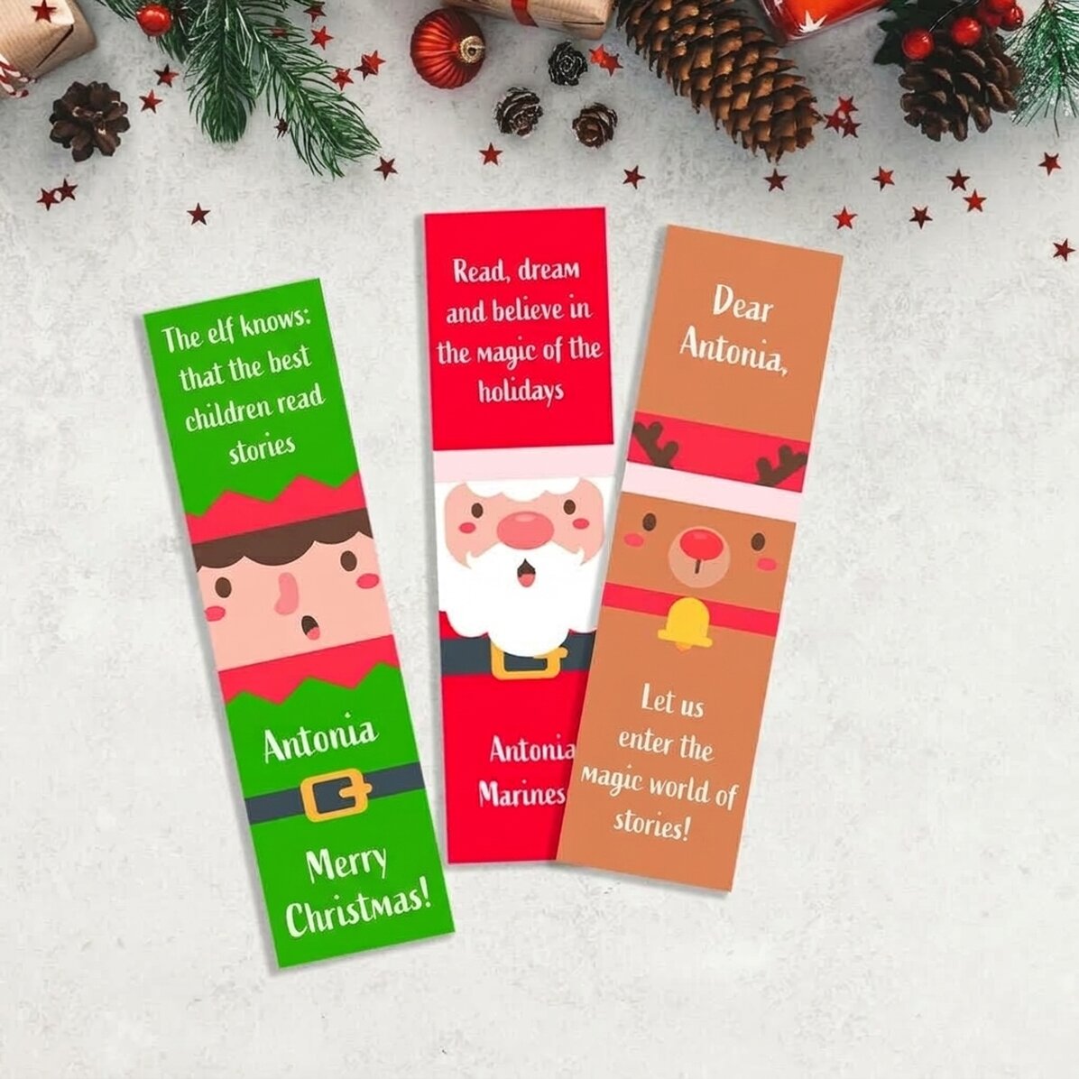 Lot de 3 marque-pages personnalisés avec texte - Personnages de Noël