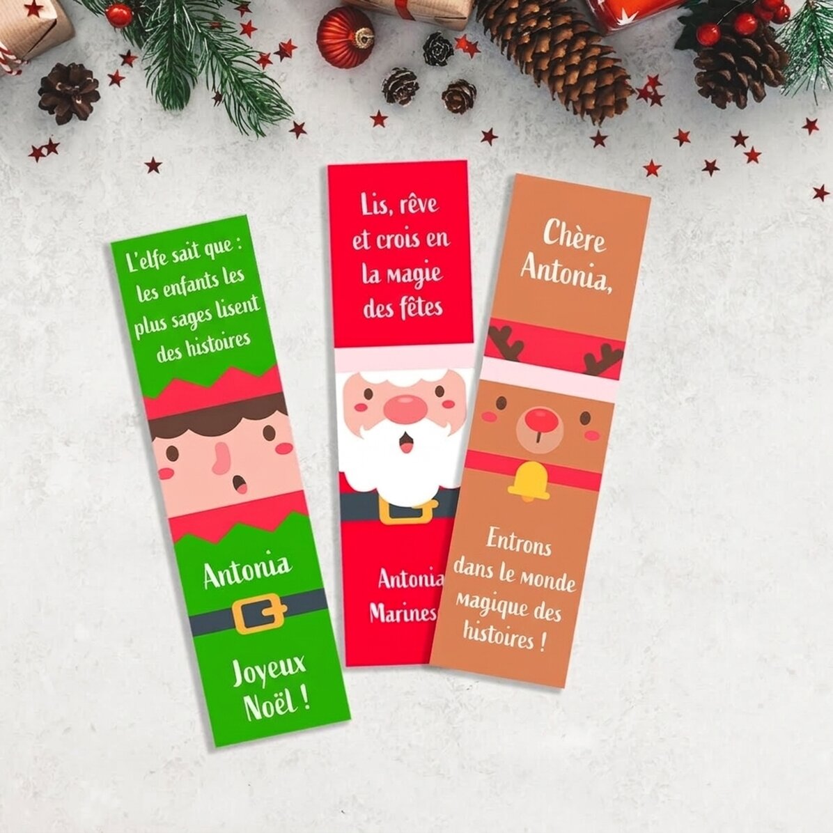 Lot de 3 marque-pages personnalisés avec texte - Personnages de Noël