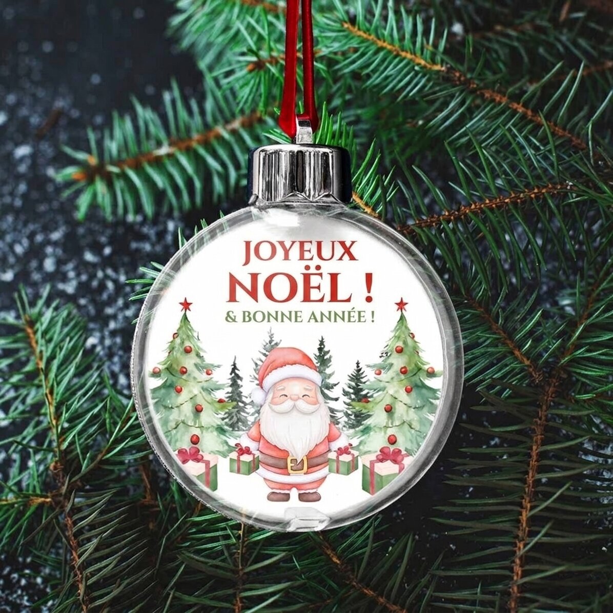 Boule transparente personnalisée recto-verso avec une photo et un texte - Noël