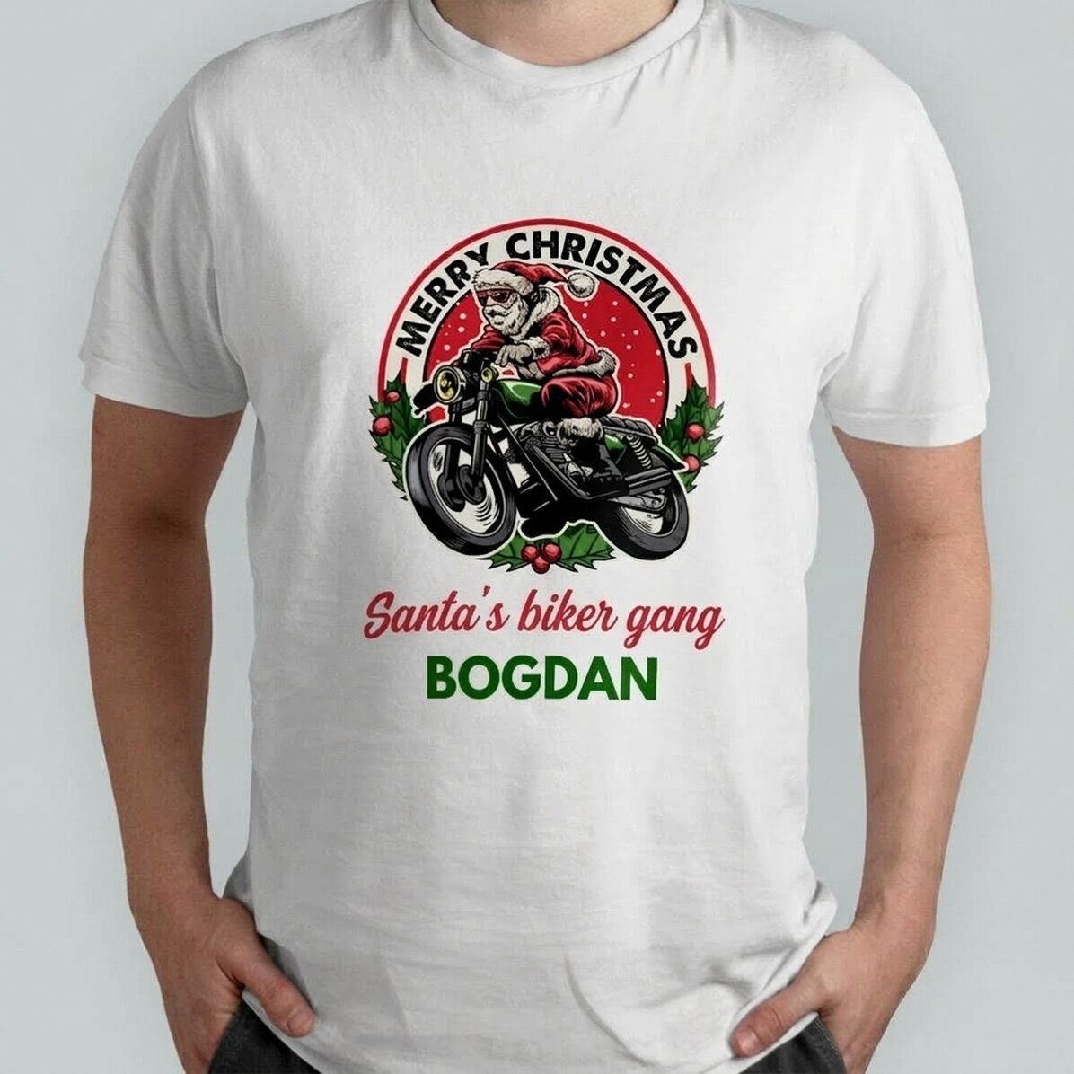 T-shirt en coton personnalisé avec un texte - Le Père Noël motard