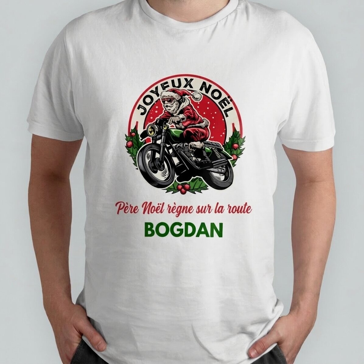 T-shirt en coton personnalisé avec un texte - Le Père Noël motard