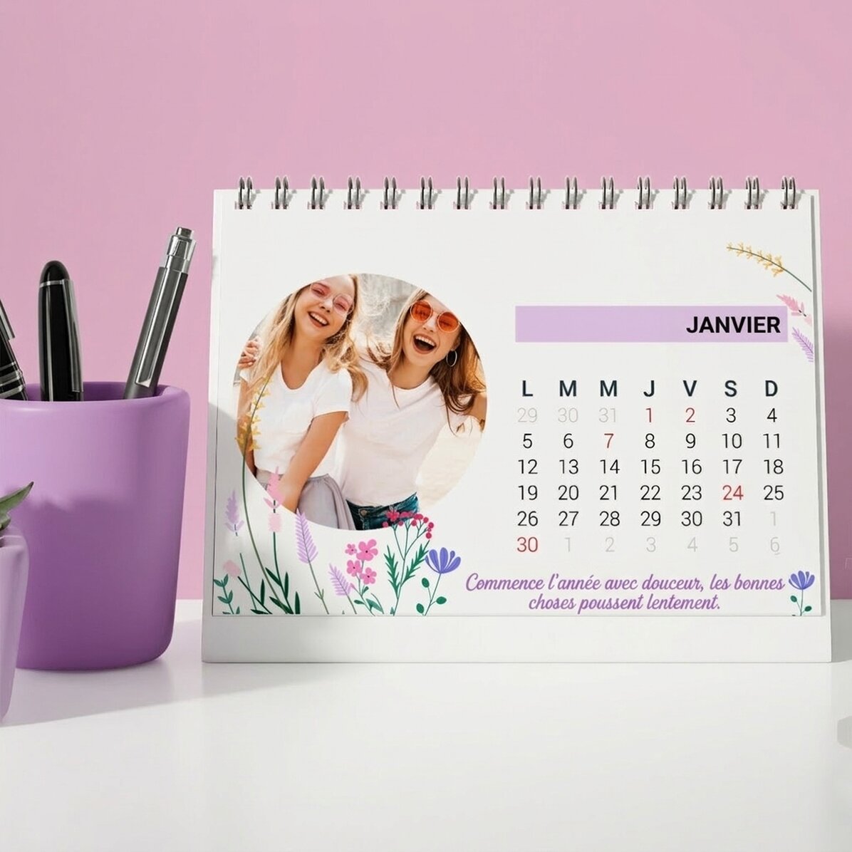 Calendrier de bureau personnalisé avec photos et texte - Floral