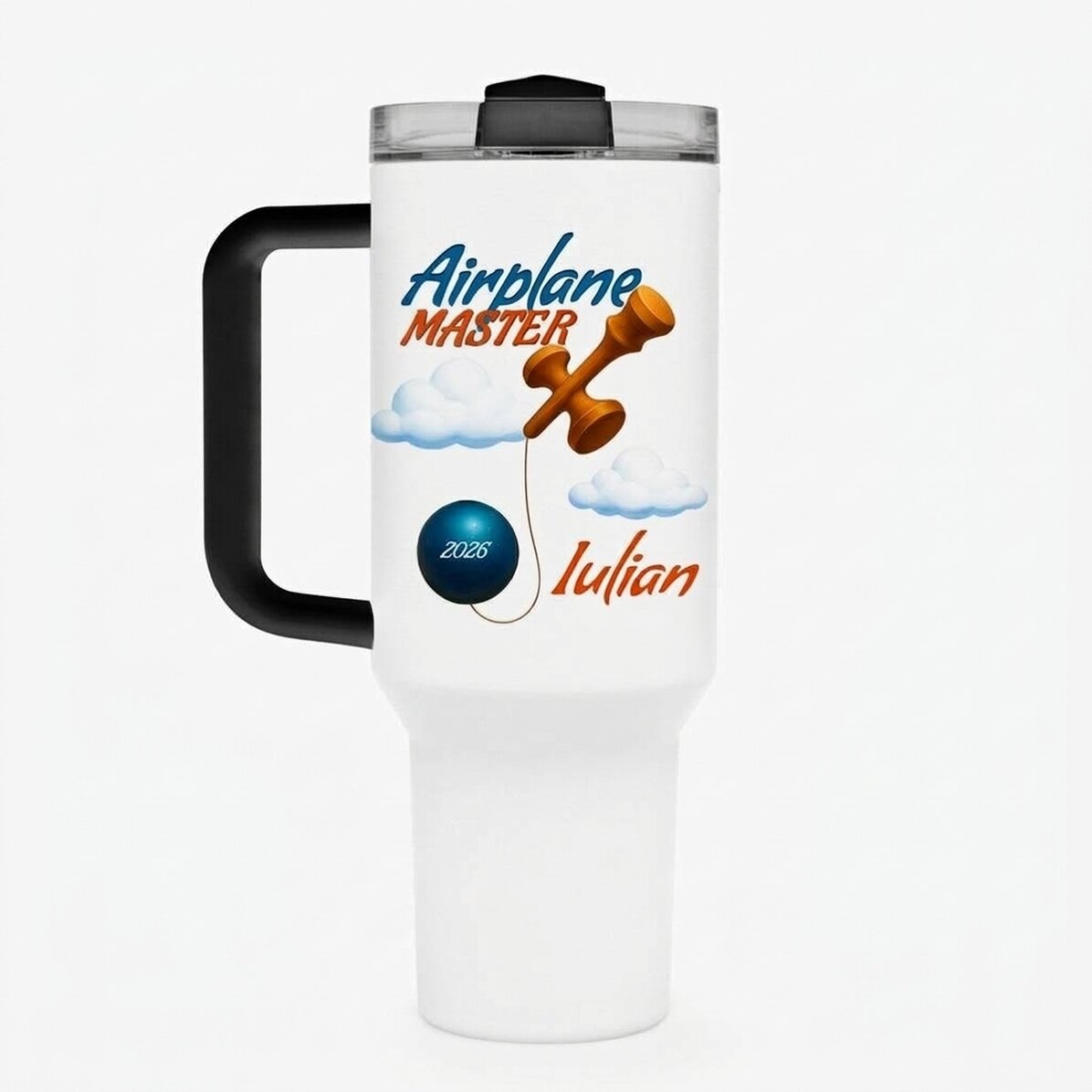 Tasse isotherme avec poignée et paille, personnalisée avec un prénom - Airplane Master