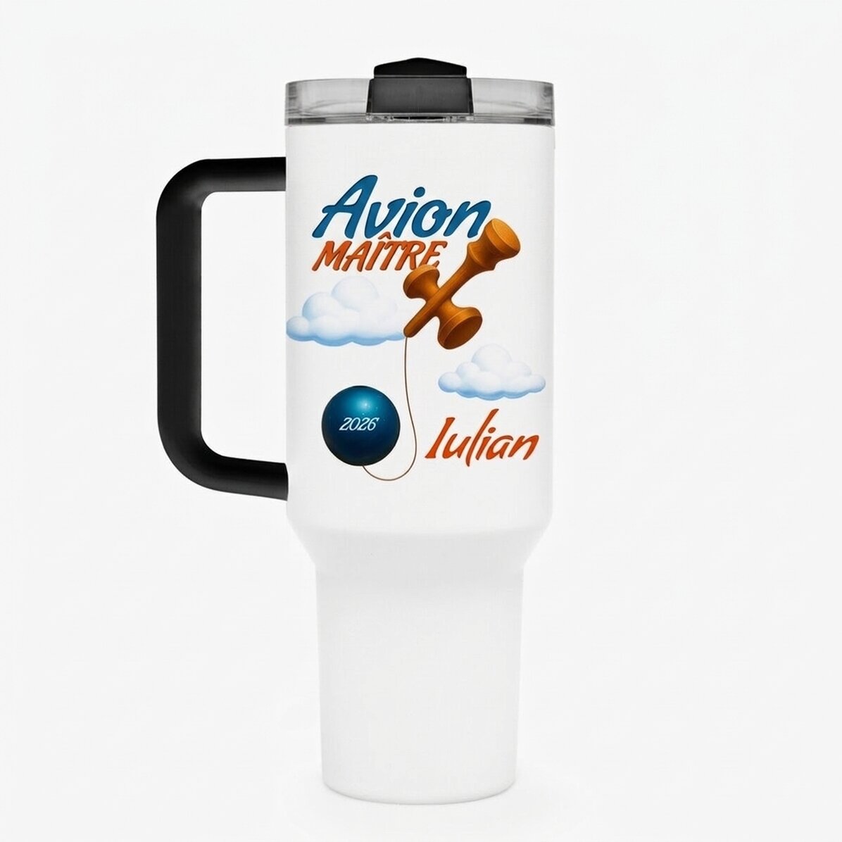 Tasse isotherme avec poignée et paille, personnalisée avec un prénom - Airplane Master