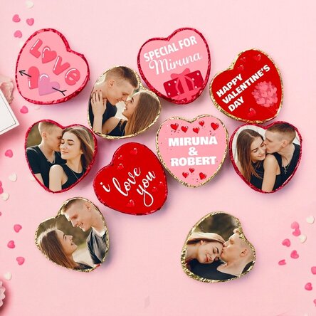 Lot de 10 mini-chocolats en forme de cœur personnalisés avec des photos et un texte - Love
