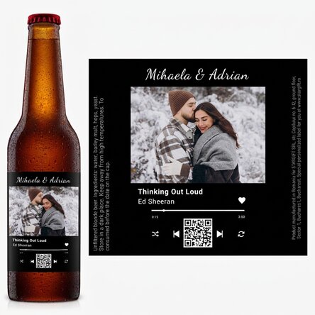 Bière personnalisée avec une photo, un texte et un code QR - Notre chanson