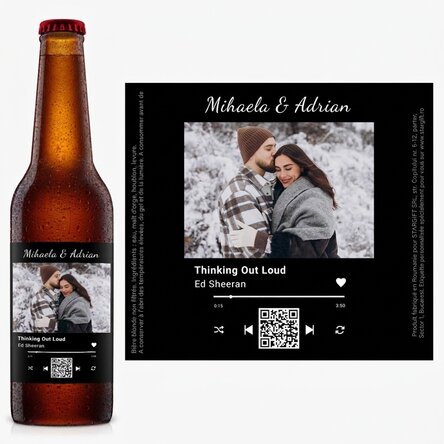 Bière personnalisée avec une photo, un texte et un code QR - Notre chanson