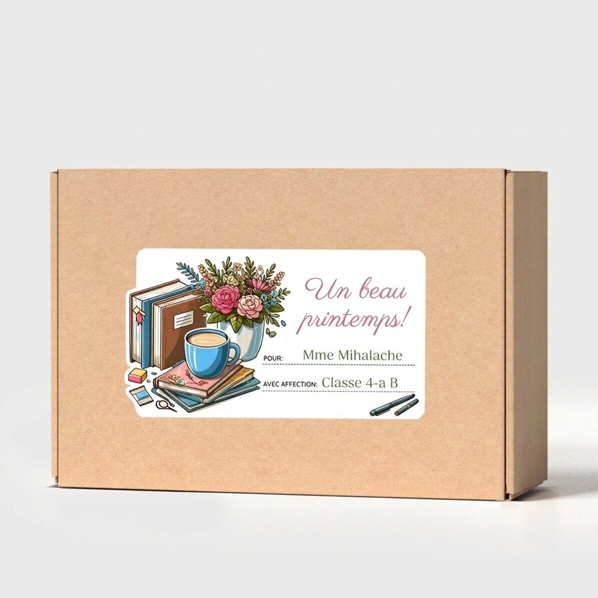 Boîte en papier kraft personnalisée avec un autocollant pour la maîtresse