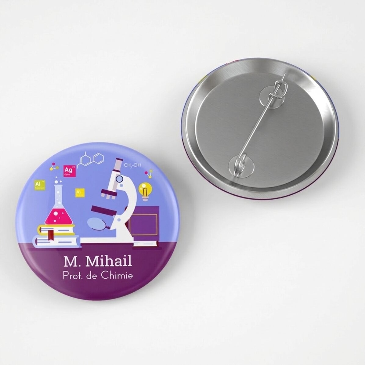 Badge personnalisé avec inscription - Professeur de chimie