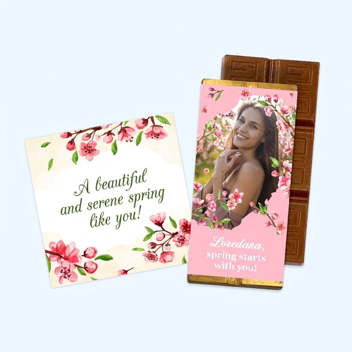 Coffret cadeau de printemps comprenant un aimant et une mini-tablette de chocolat personnalisée
