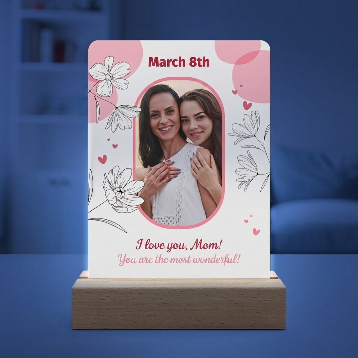 Lampe de veille LED personnalisée avec une photo et un texte - Floral