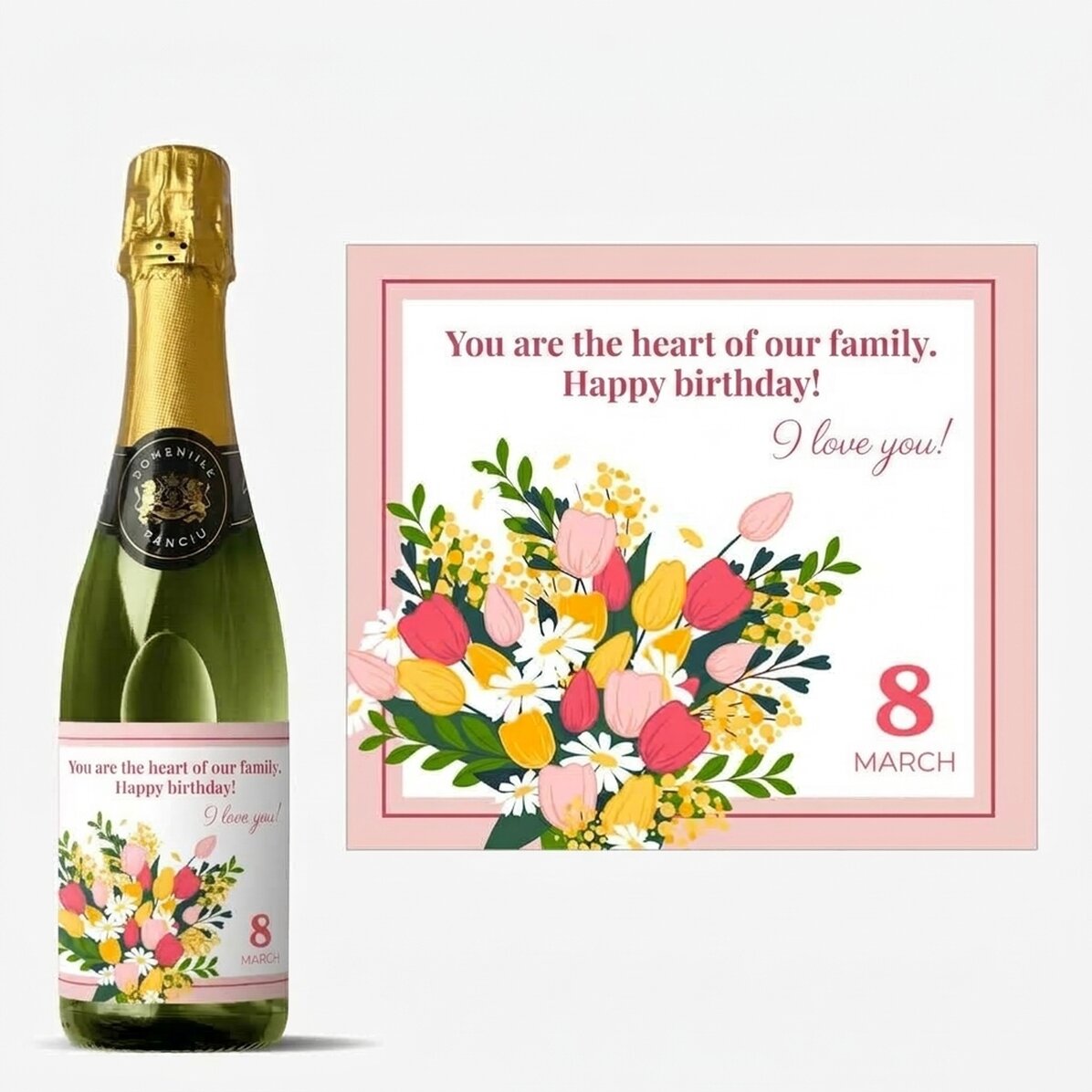 Bouteille moyenne de vin mousseux personnalisée avec un texte - Fleurs