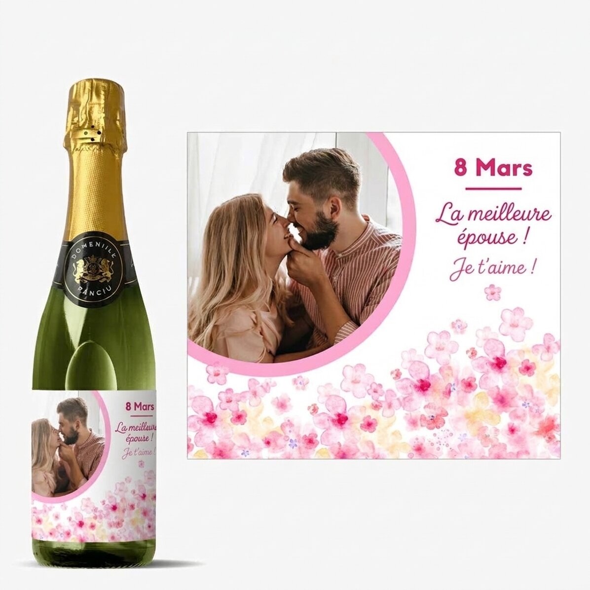 Bouteille moyenne de vin mousseux personnalisée avec un texte et une photo - Fleurs