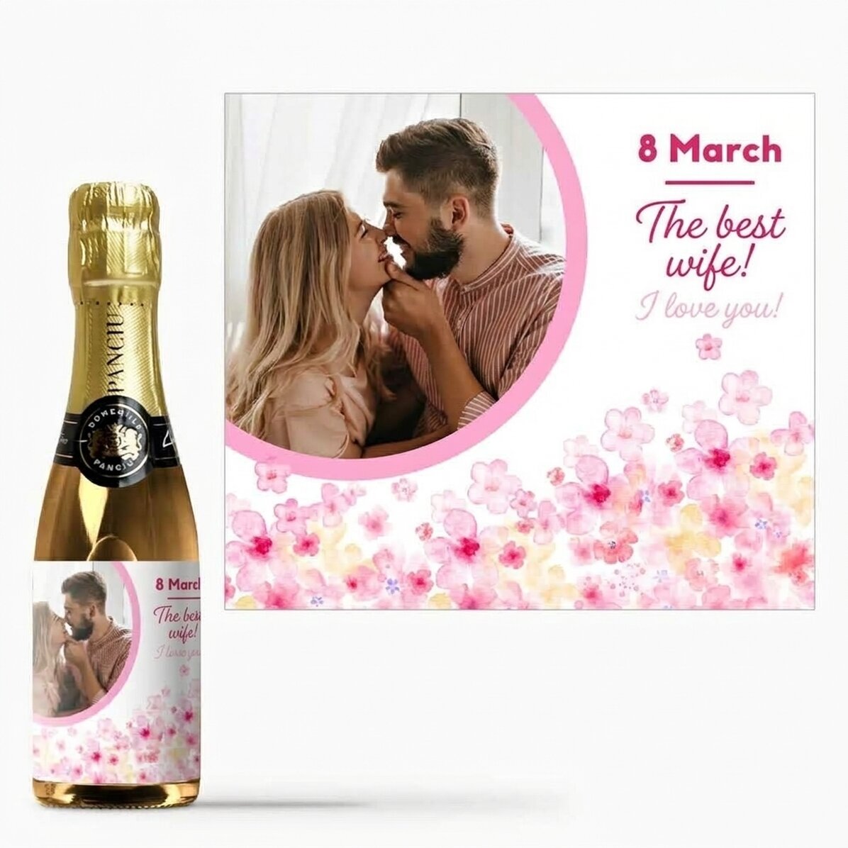 Mini-bouteille de vin mousseux personnalisée avec un texte et une photo - Fleurs