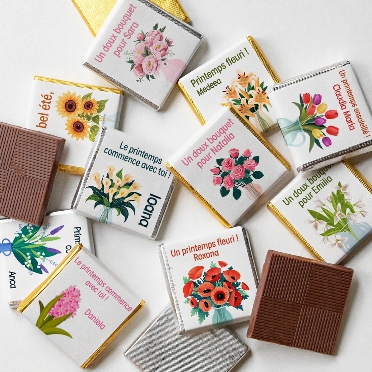 Lot de 10 mini-chocolats personnalisés avec un message - Flowers