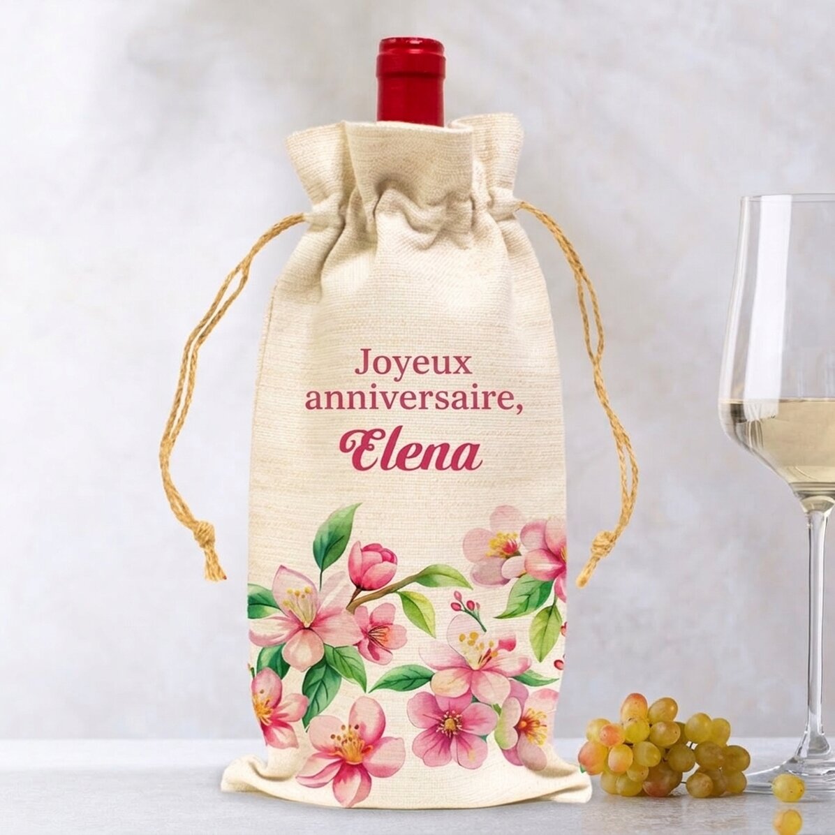 Sac pour bouteille de vin personnalisé avec un message - Fleurs