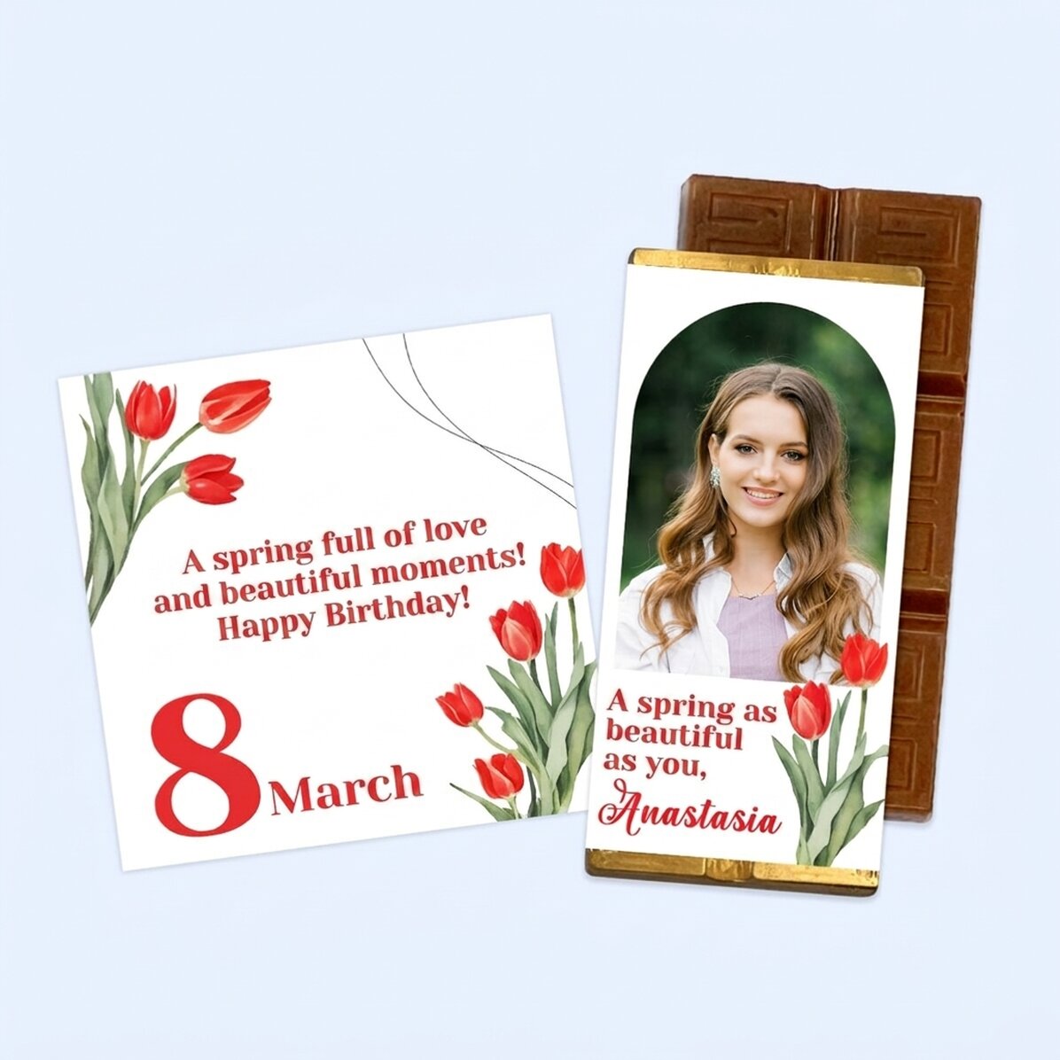 Coffret cadeau pour le 8 mars comprenant un aimant et une mini-tablette de chocolat personnalisée