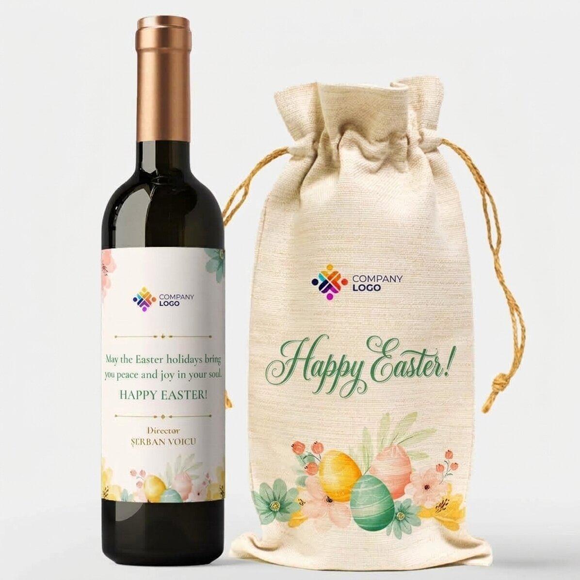 Coffret cadeau comprenant une bouteille et un sac à vin personnalisés avec un logo - Joyeuses Pâques