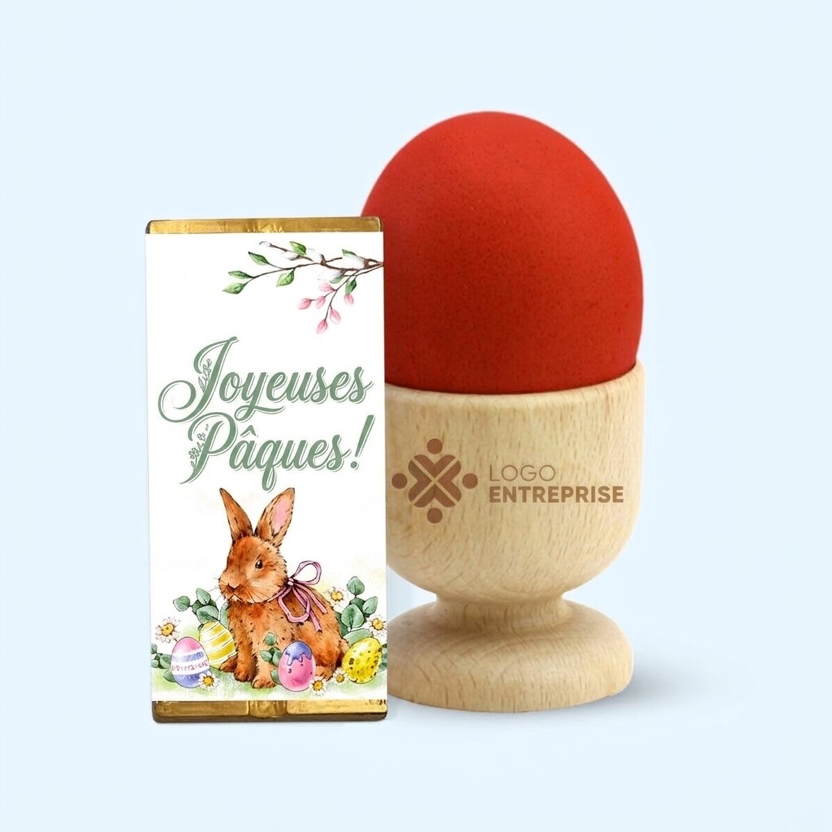 Coffret cadeau de Pâques comprenant un porte-œufs personnalisé et une mini-tablette de chocolat
