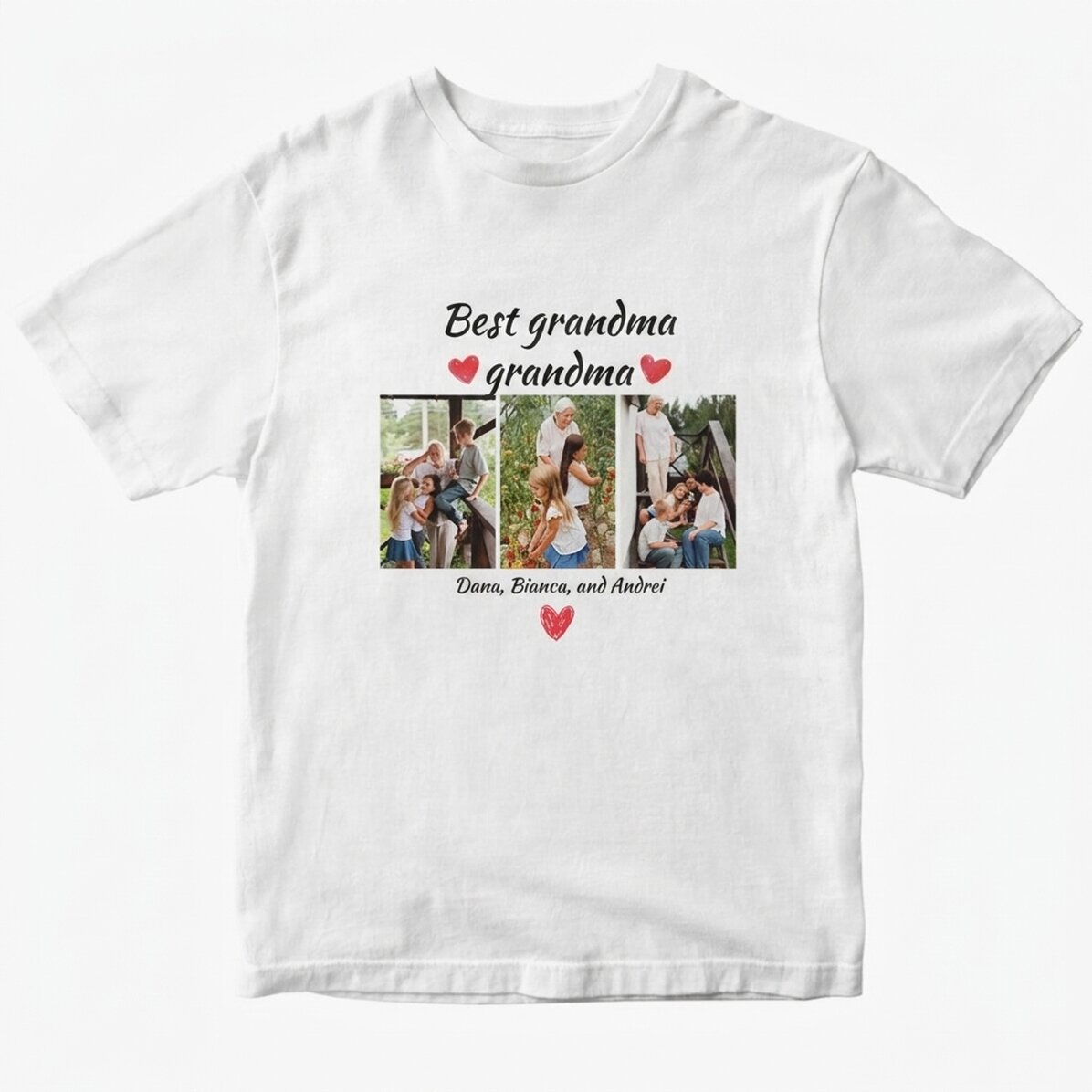 T-shirt en coton personnalisé avec 3 photos et un texte - Les meilleurs grands-parents