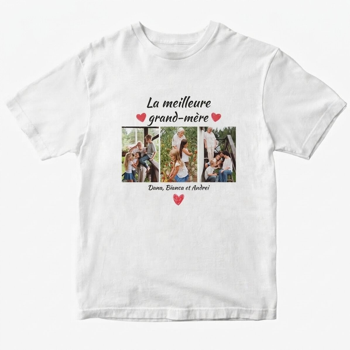 T-shirt en coton personnalisé avec 3 photos et un texte - Les meilleurs grands-parents